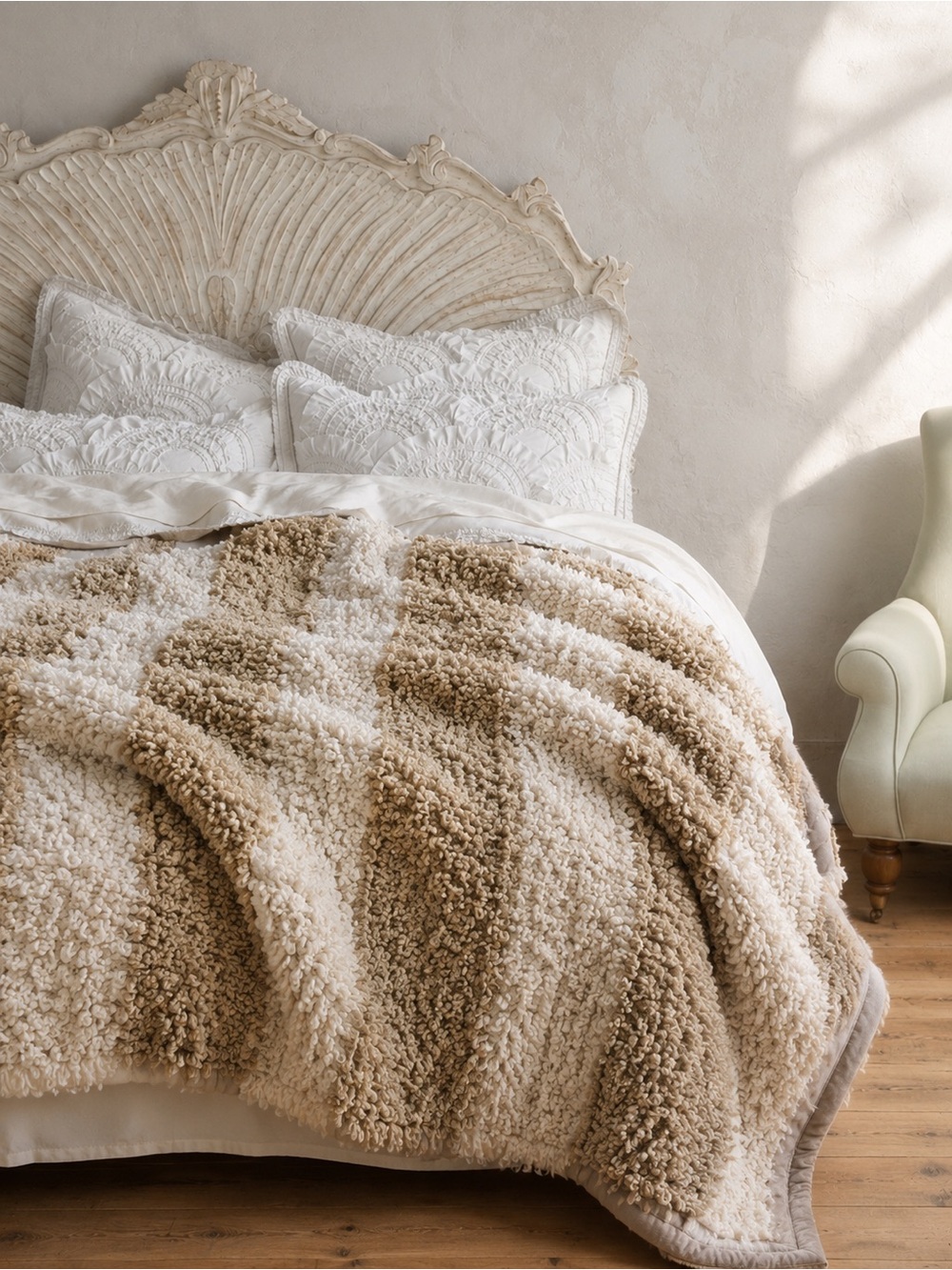 Pottery Barn Taupe & Ivory Striped Faux Fur Sherpa Throw Blanket 50x60